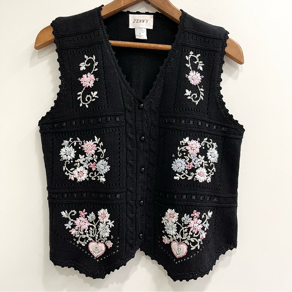 Vintage Black and Pink Embroidered Vest